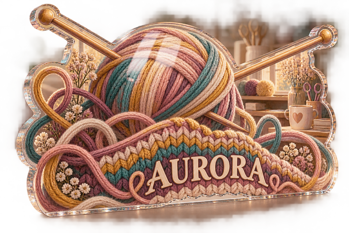 Artwork visualization: Knitting — creative desk setup, personalized AURORA, subject-shaped acrylic with printed optical 3D depth; not carved relief.