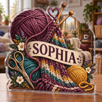 Artwork visualization: Knitting — hobby room centerpiece, personalized SOPHIA, subject-shaped acrylic with printed optical 3D depth; not carved relief.