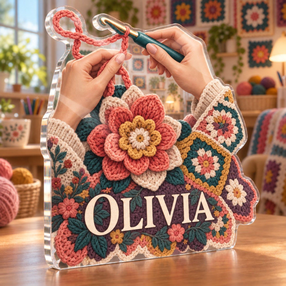 Personalized Crochet Studio Wall Identity custom shape acrylic plaque with an example name set into the artwork, digital preview