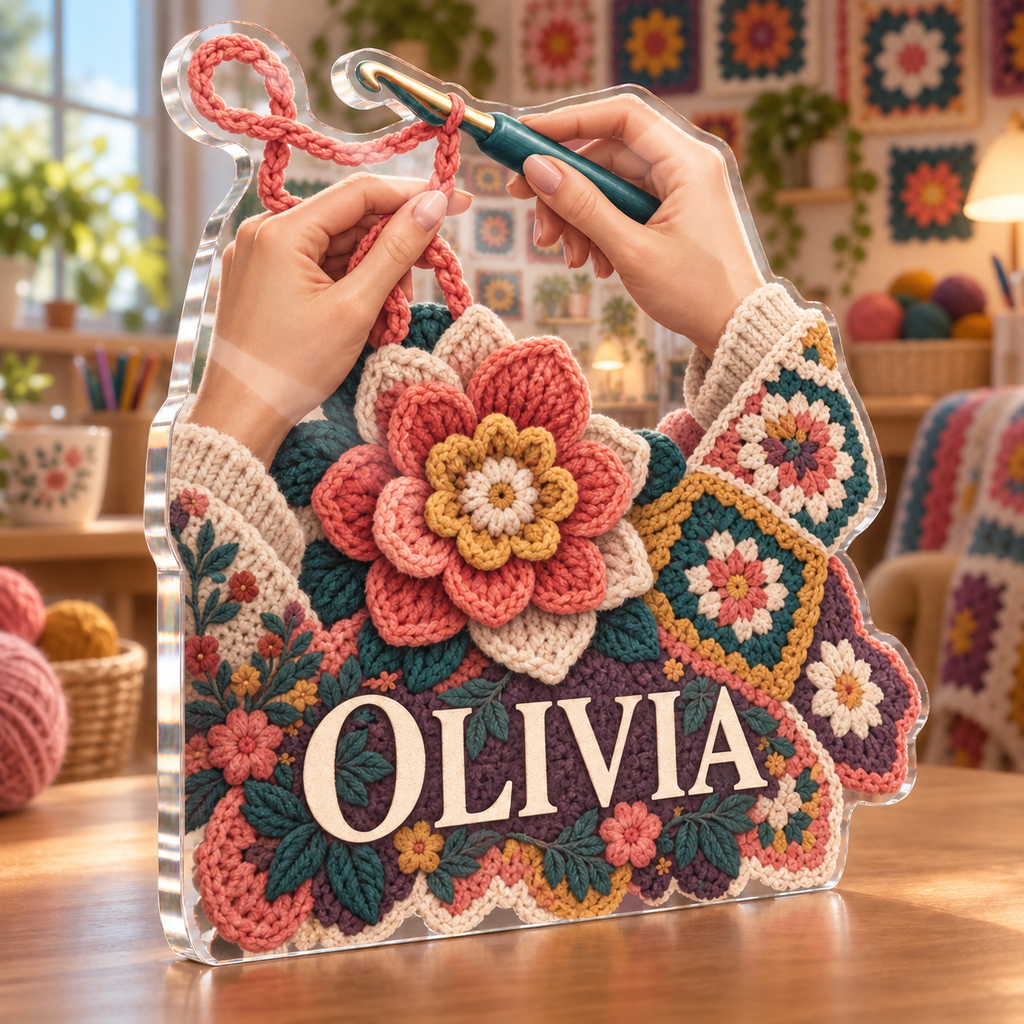 Artwork visualization: Crochet — studio wall identity, personalized OLIVIA, subject-shaped acrylic with printed optical 3D depth; not carved relief.