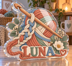 Artwork visualization: Crochet — beginner encouragement, personalized LUNA, subject-shaped acrylic with printed optical 3D depth; not carved relief.