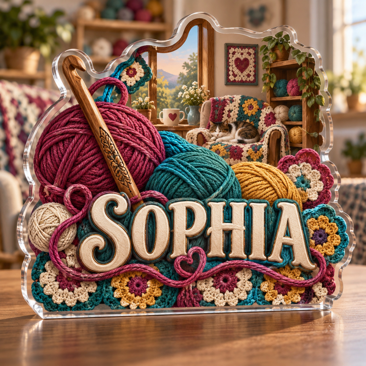 Artwork visualization: Crochet — hobby room centerpiece, personalized SOPHIA, subject-shaped acrylic with printed optical 3D depth; not carved relief.