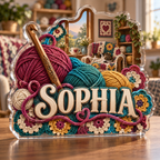Artwork visualization: Crochet — hobby room centerpiece, personalized SOPHIA, subject-shaped acrylic with printed optical 3D depth; not carved relief.