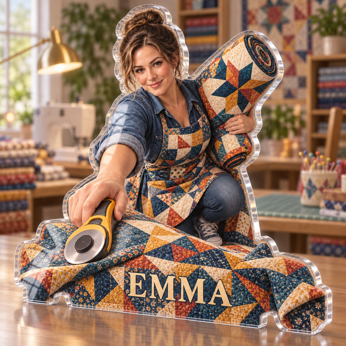 Artwork visualization: Quilting — studio wall identity, personalized EMMA, subject-shaped acrylic with printed optical 3D depth; not carved relief.