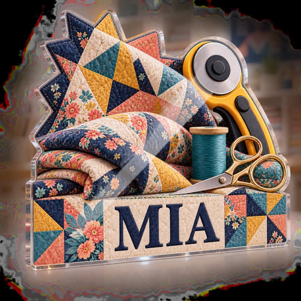 Personalized Quilting Creative Desk Setup custom shape acrylic plaque with an example name set into the artwork, digital preview