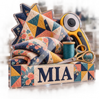Artwork visualization: Quilting — creative desk setup, personalized MIA, subject-shaped acrylic with printed optical 3D depth; not carved relief.