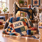 Artwork visualization: Quilting — beginner encouragement, personalized JACK, subject-shaped acrylic with printed optical 3D depth; not carved relief.