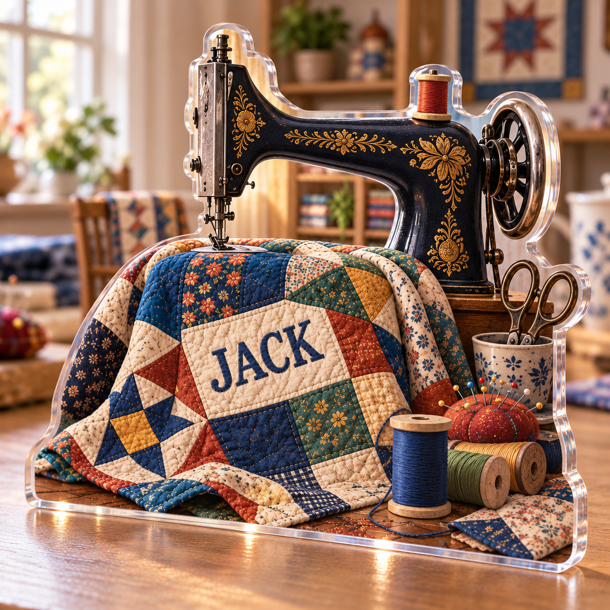 Artwork visualization: Quilting — beginner encouragement, personalized JACK, subject-shaped acrylic with printed optical 3D depth; not carved relief.