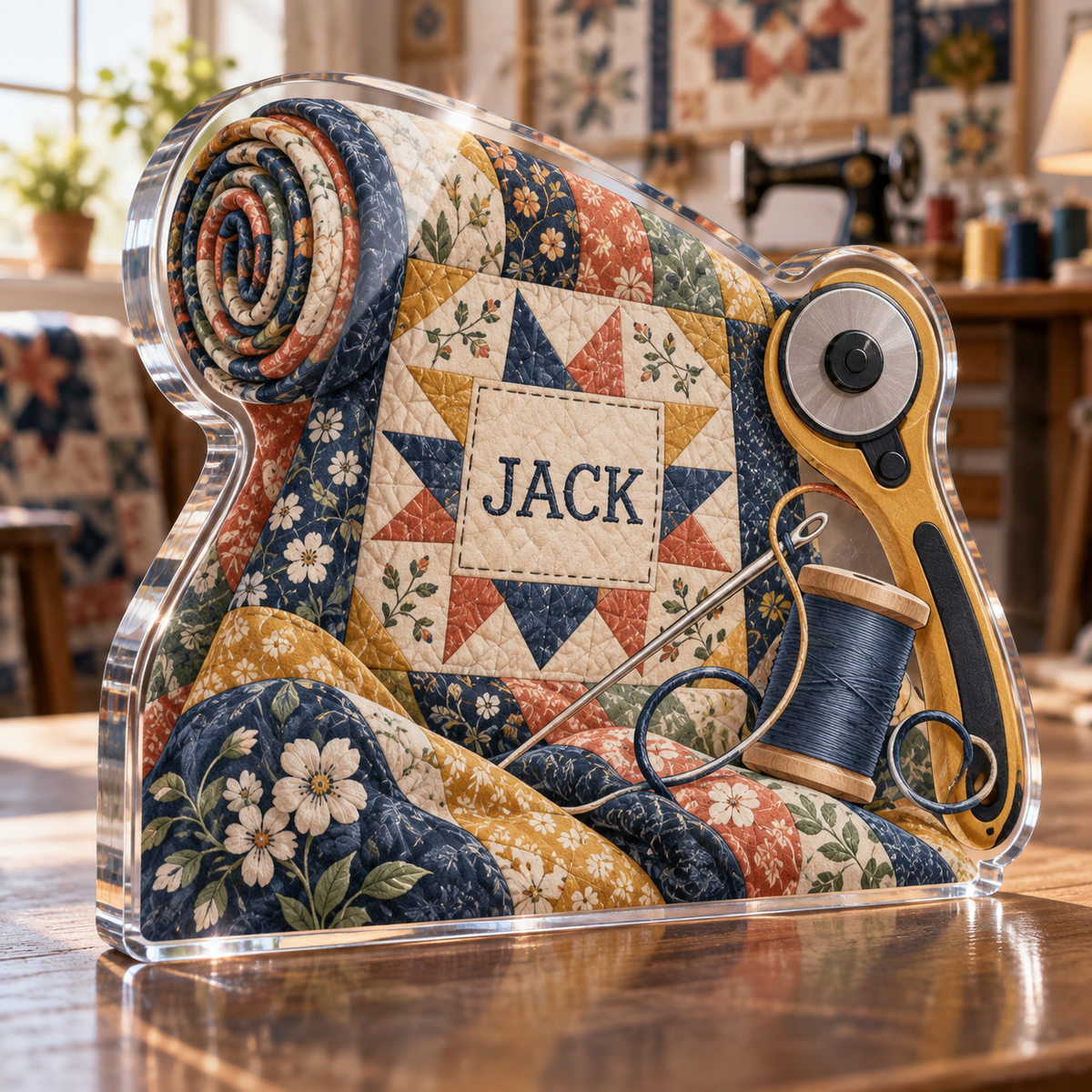 Artwork visualization: Quilting — mentor appreciation, personalized JACK, subject-shaped acrylic with printed optical 3D depth; not carved relief.