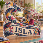 Artwork visualization: Quilting — hobby room centerpiece, personalized ISLA, subject-shaped acrylic with printed optical 3D depth; not carved relief.
