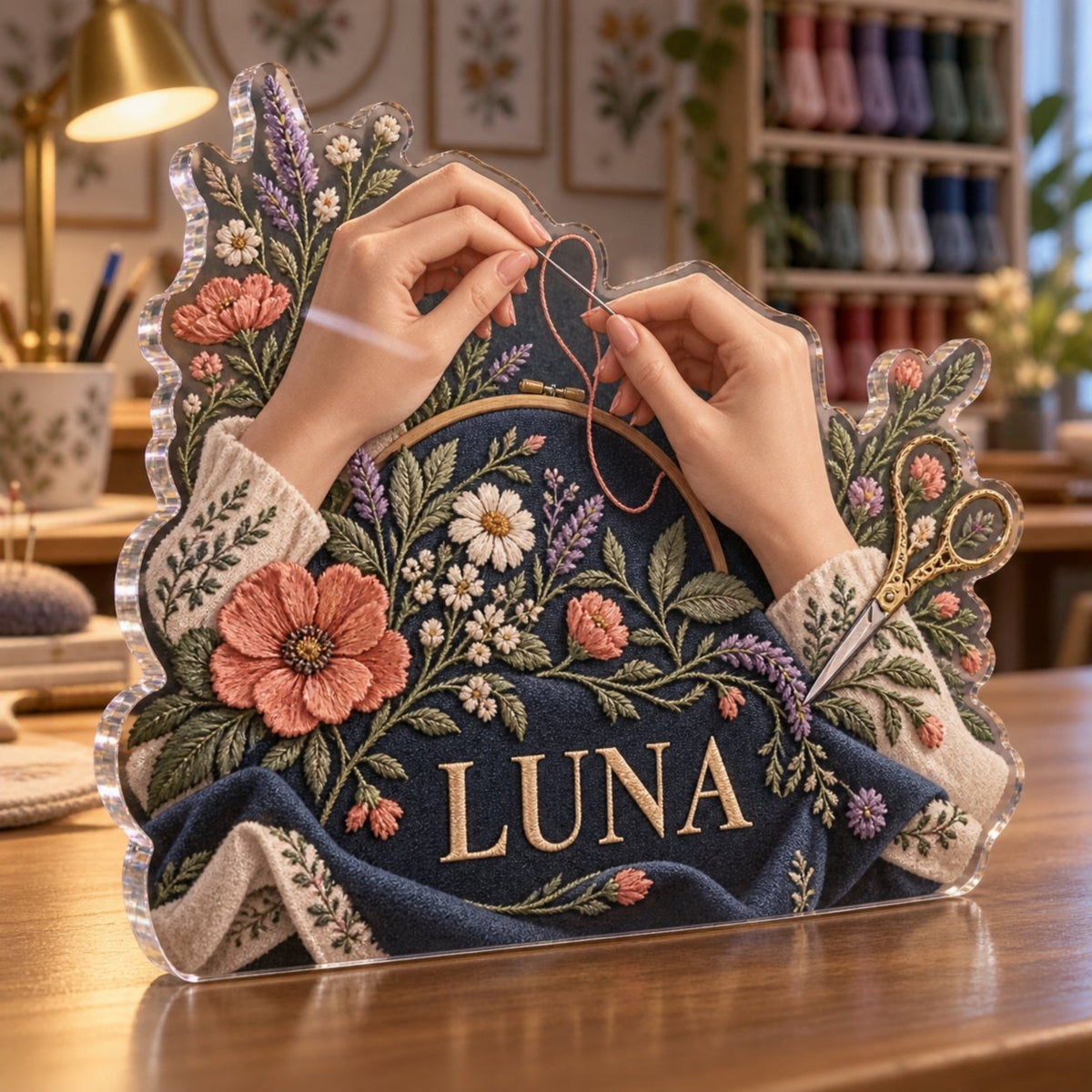 Personalized Embroidery Studio Wall Identity custom shape acrylic plaque with an example name set into the artwork, digital preview