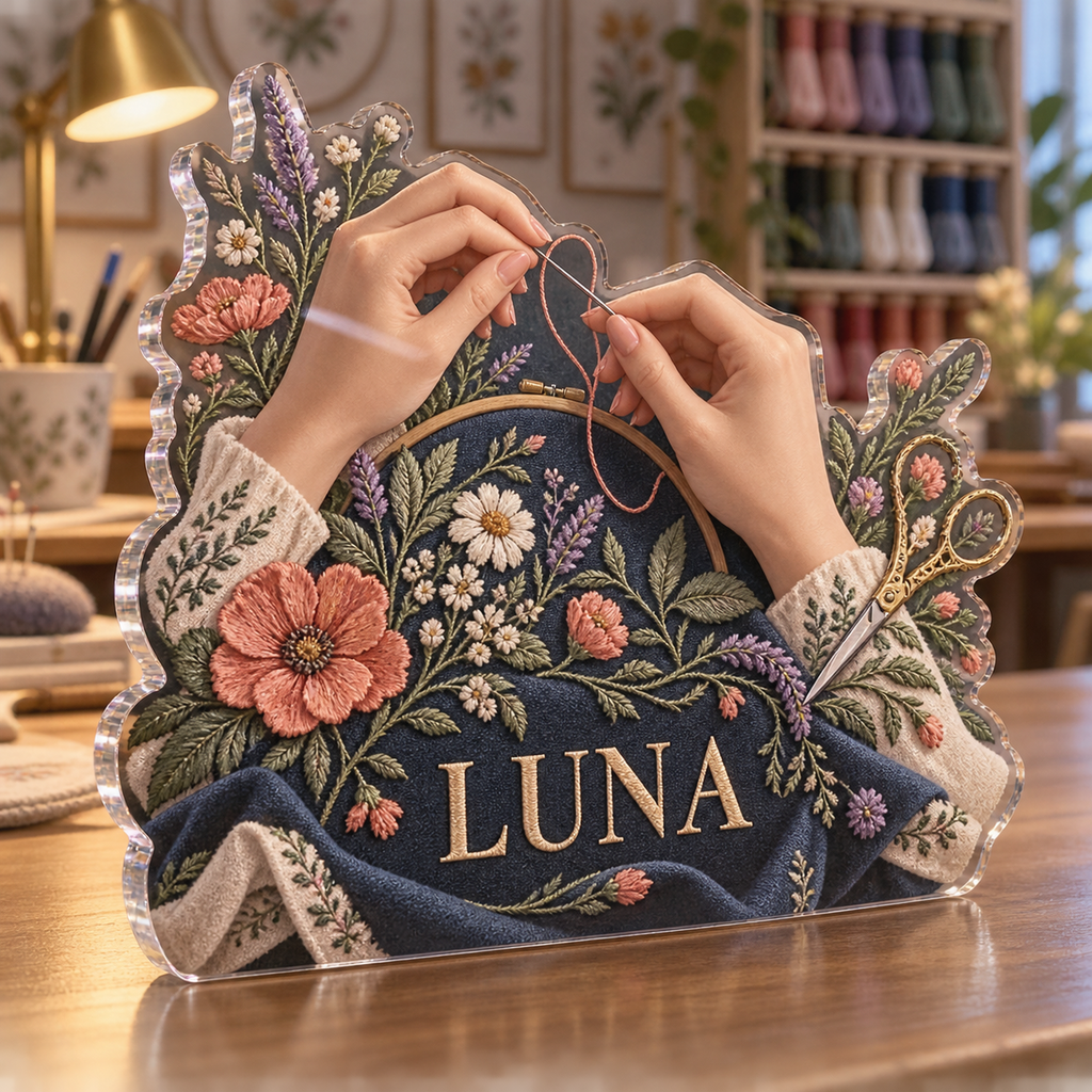 Artwork visualization: Embroidery — studio wall identity, personalized LUNA, subject-shaped acrylic with printed optical 3D depth; not carved relief.