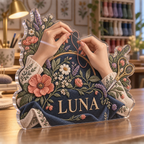 Artwork visualization: Embroidery — studio wall identity, personalized LUNA, subject-shaped acrylic with printed optical 3D depth; not carved relief.