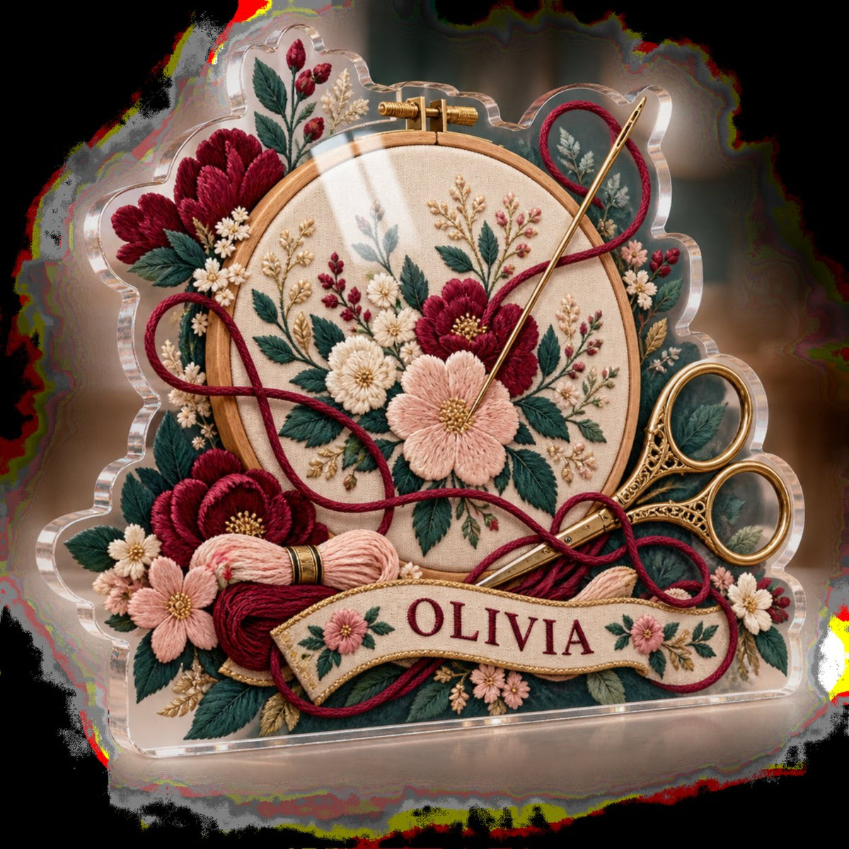 Personalized Embroidery Creative Desk Setup custom shape acrylic plaque with an example name set into the artwork, digital preview