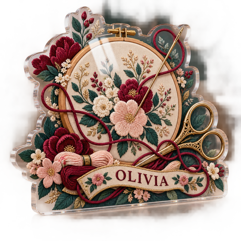 Artwork visualization: Embroidery — creative desk setup, personalized OLIVIA, subject-shaped acrylic with printed optical 3D depth; not carved relief.