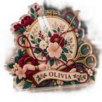 Artwork visualization: Embroidery — creative desk setup, personalized OLIVIA, subject-shaped acrylic with printed optical 3D depth; not carved relief.