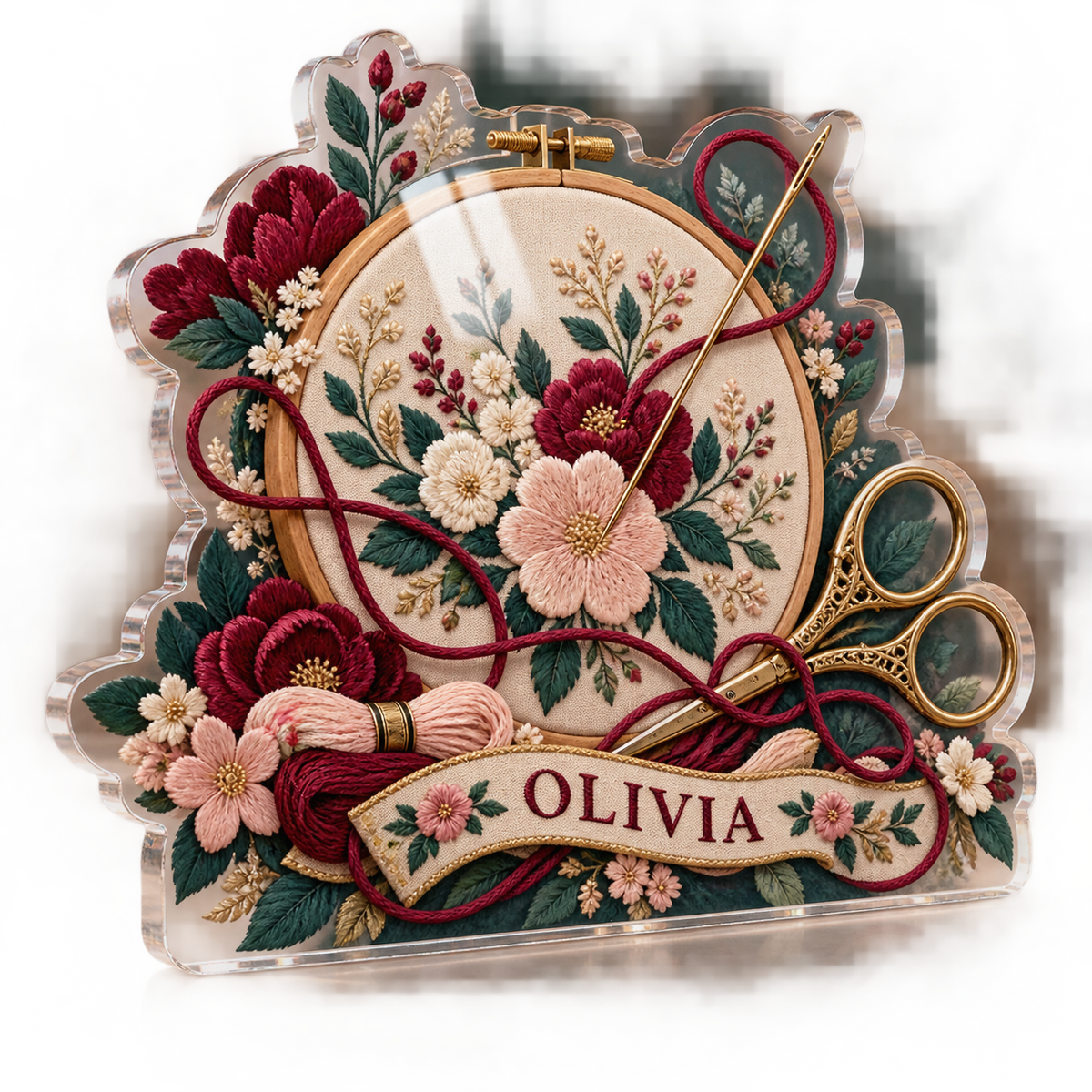 Artwork visualization: Embroidery — creative desk setup, personalized OLIVIA, subject-shaped acrylic with printed optical 3D depth; not carved relief.