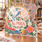 Artwork visualization: Embroidery — beginner encouragement, personalized SOPHIA, subject-shaped acrylic with printed optical 3D depth; not carved relief.