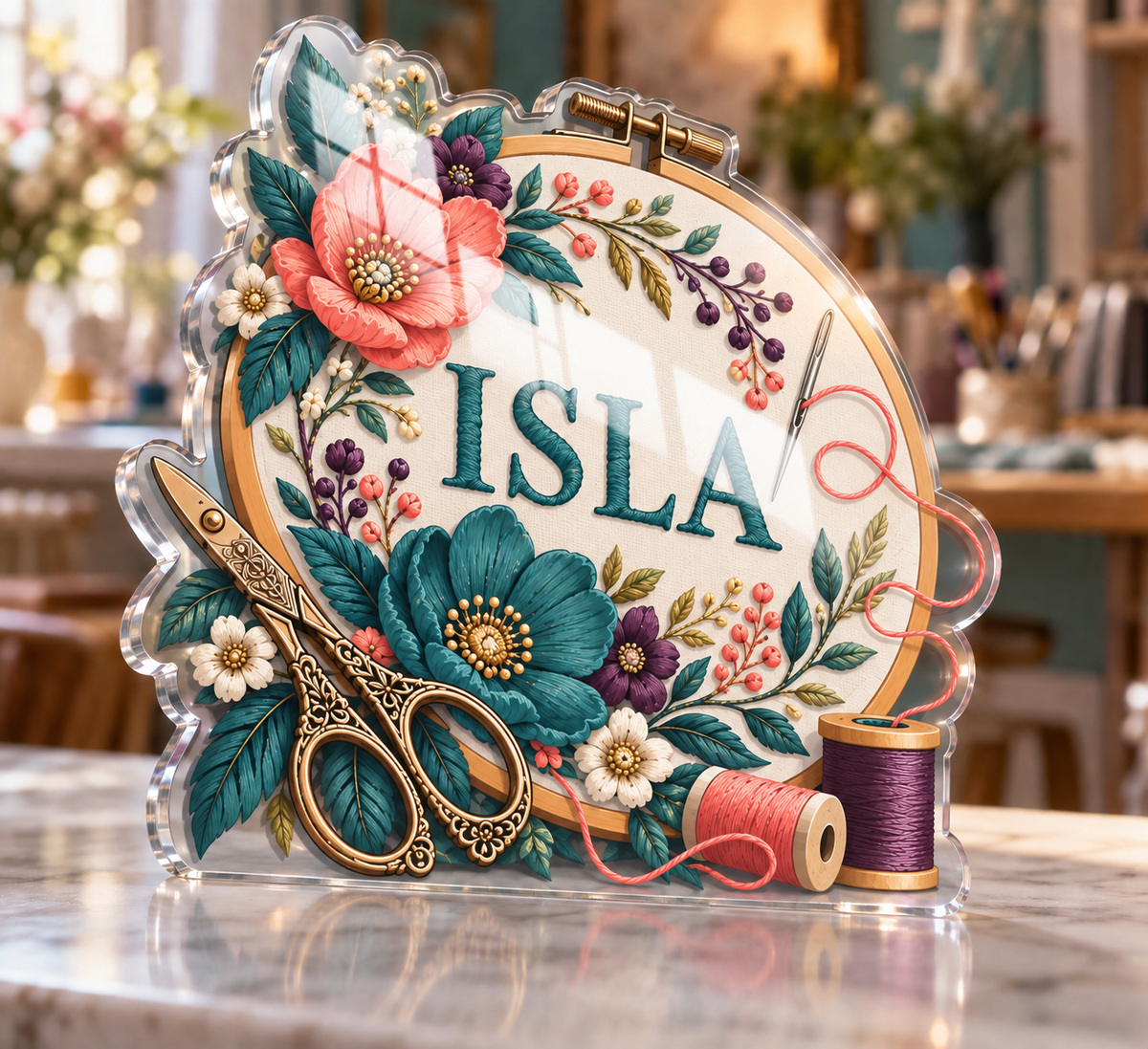 Artwork visualization: Embroidery — mentor appreciation, personalized ISLA, subject-shaped acrylic with printed optical 3D depth; not carved relief.