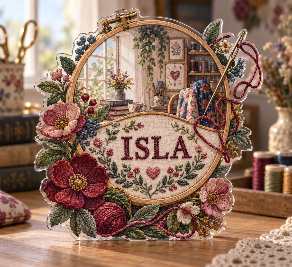 Artwork visualization: Embroidery — hobby room centerpiece, personalized ISLA, subject-shaped acrylic with printed optical 3D depth; not carved relief.
