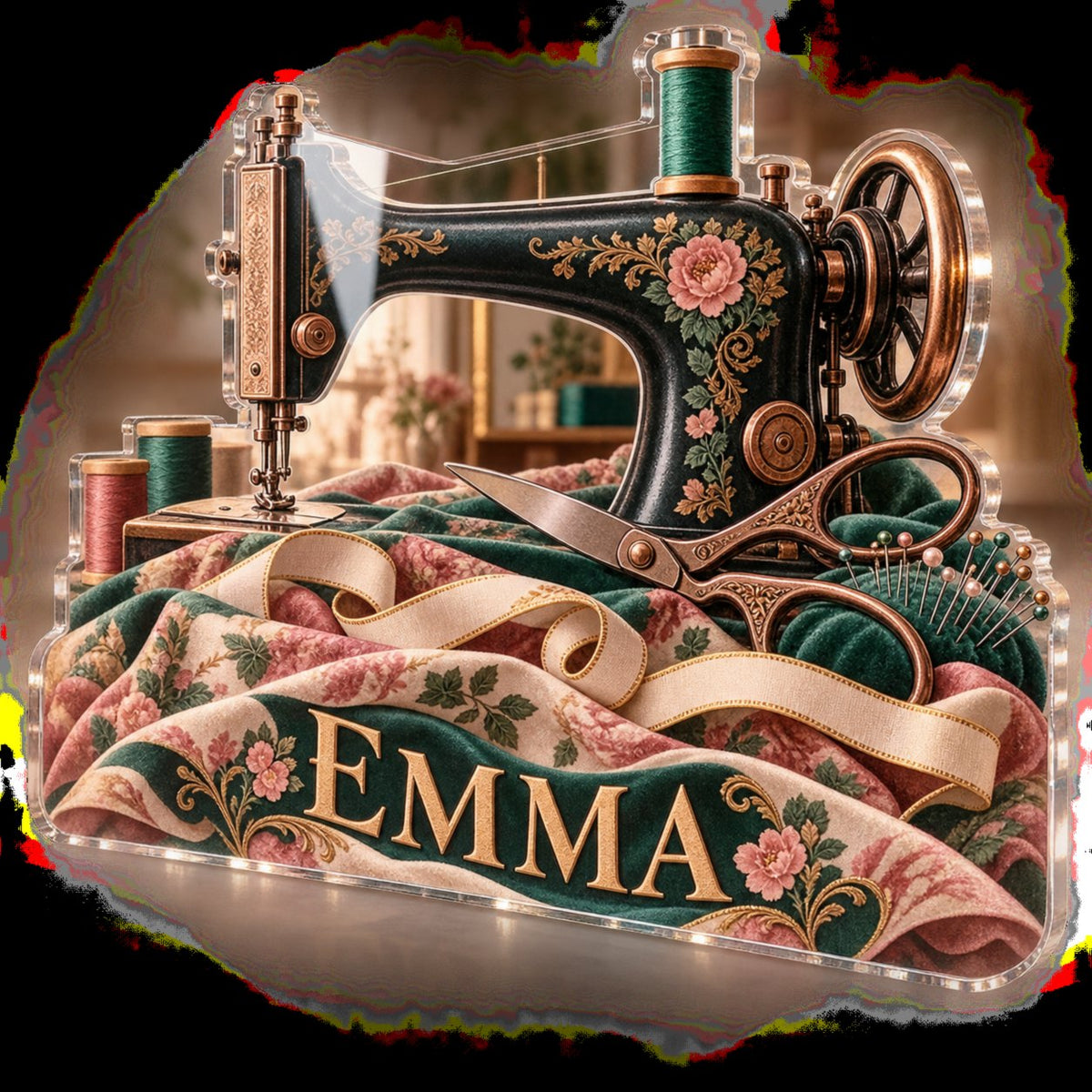 Personalized Sewing Creative Desk Setup custom shape acrylic plaque with an example name set into the artwork, digital preview