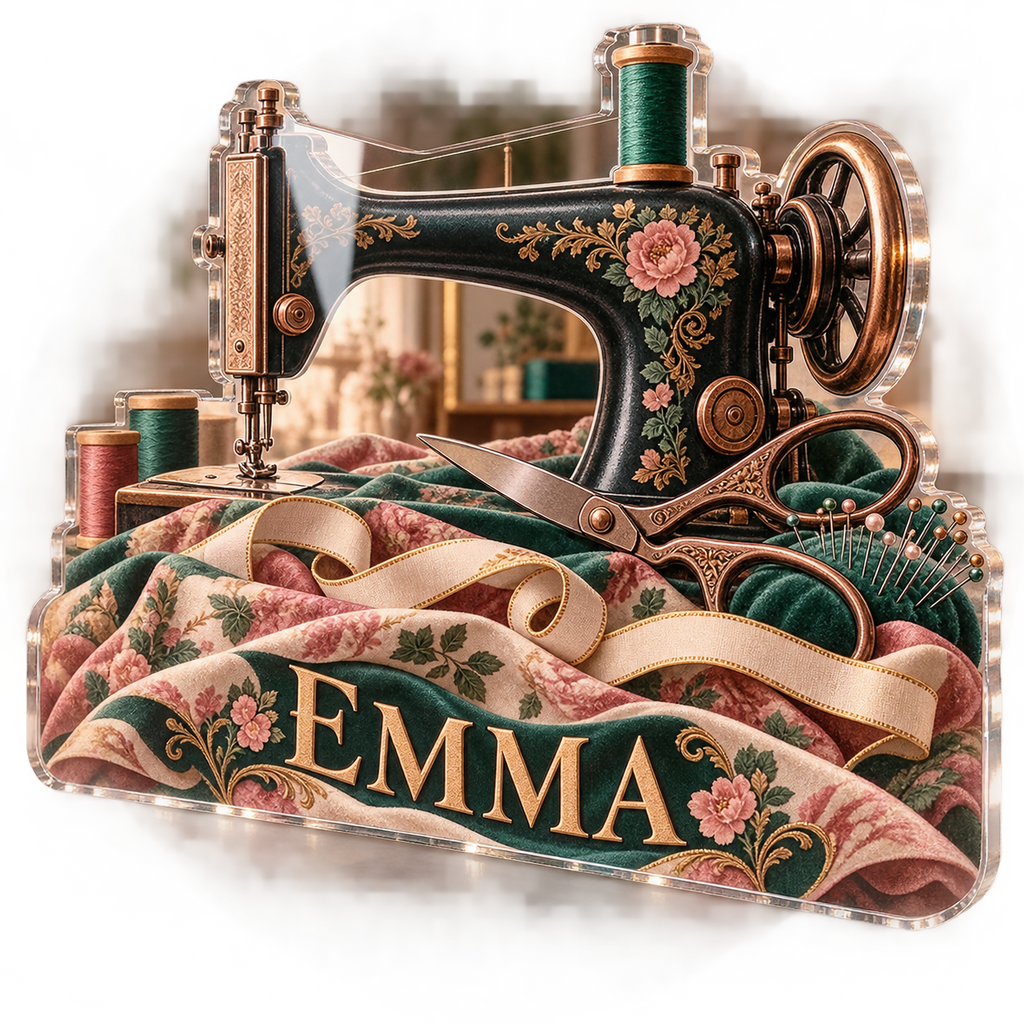 Artwork visualization: Sewing — creative desk setup, personalized EMMA, subject-shaped acrylic with printed optical 3D depth; not carved relief.