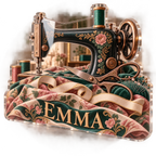 Artwork visualization: Sewing — creative desk setup, personalized EMMA, subject-shaped acrylic with printed optical 3D depth; not carved relief.