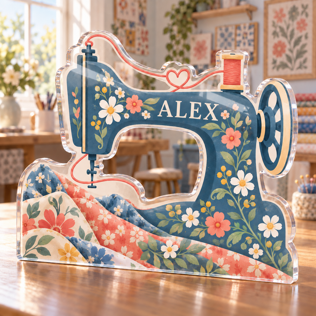 Artwork visualization: Sewing — beginner encouragement, personalized ALEX, subject-shaped acrylic with printed optical 3D depth; not carved relief.