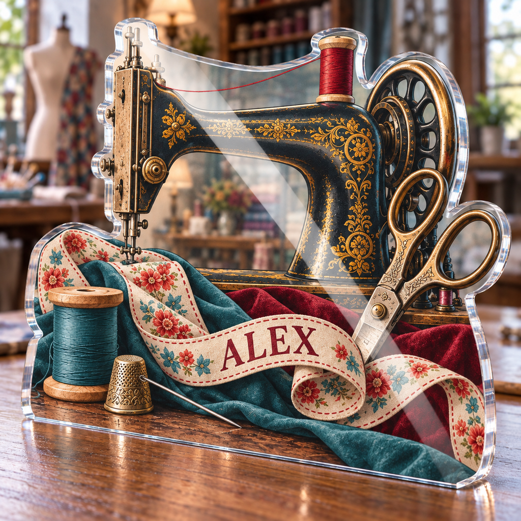 Artwork visualization: Sewing — mentor appreciation, personalized ALEX, subject-shaped acrylic with printed optical 3D depth; not carved relief.
