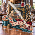 Artwork visualization: Sewing — mentor appreciation, personalized ALEX, subject-shaped acrylic with printed optical 3D depth; not carved relief.