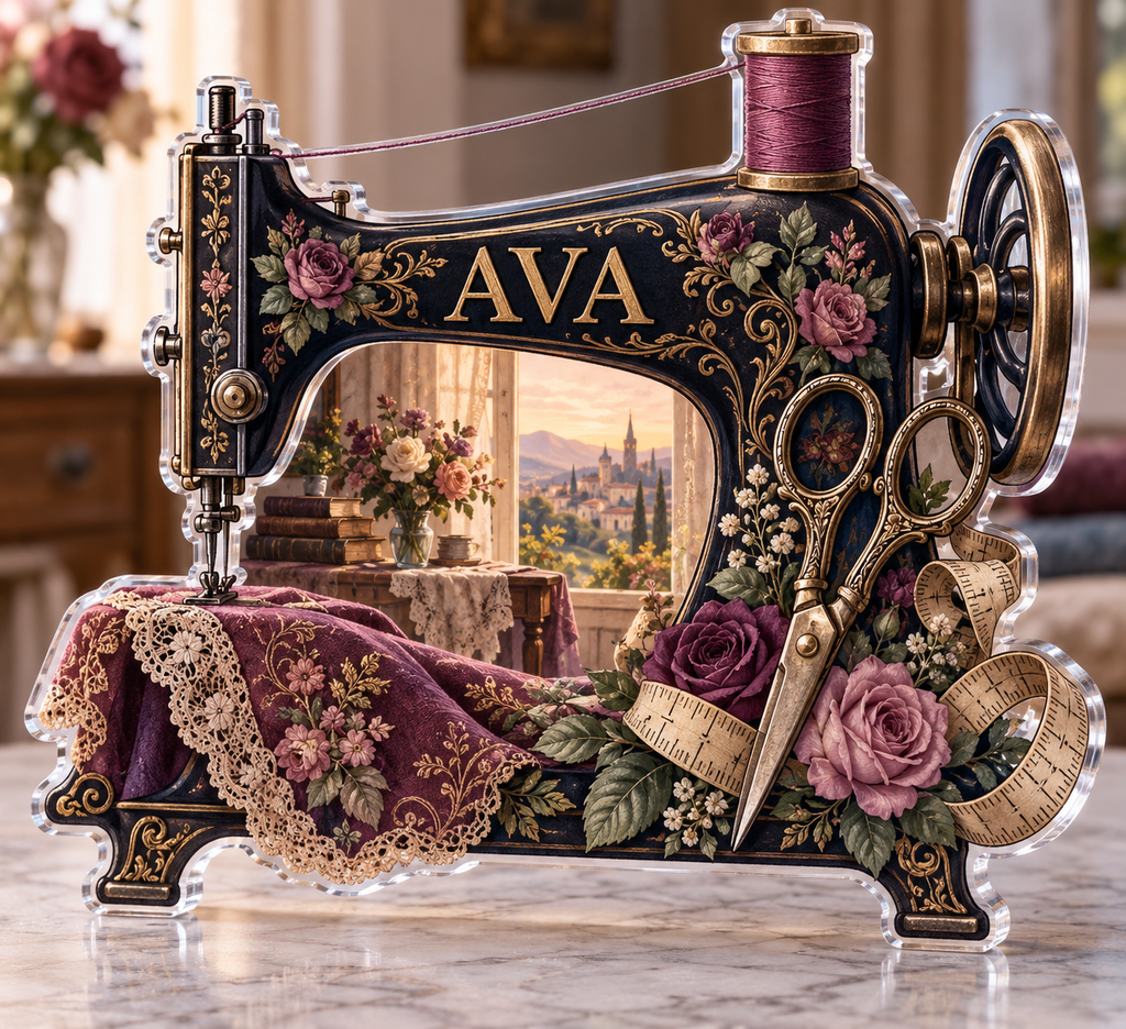 Artwork visualization: Sewing — hobby room centerpiece, personalized AVA, subject-shaped acrylic with printed optical 3D depth; not carved relief.