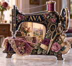 Artwork visualization: Sewing — hobby room centerpiece, personalized AVA, subject-shaped acrylic with printed optical 3D depth; not carved relief.