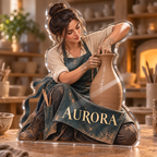 Artwork visualization: Pottery — studio wall identity, personalized AURORA, subject-shaped acrylic with printed optical 3D depth; not carved relief.