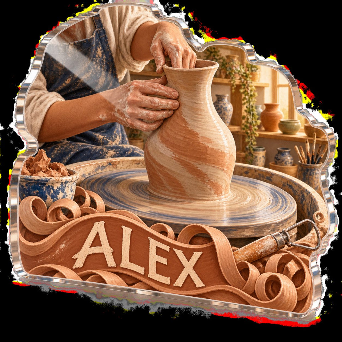 Personalized Pottery Creative Desk Setup custom shape acrylic plaque with an example name set into the artwork, digital preview