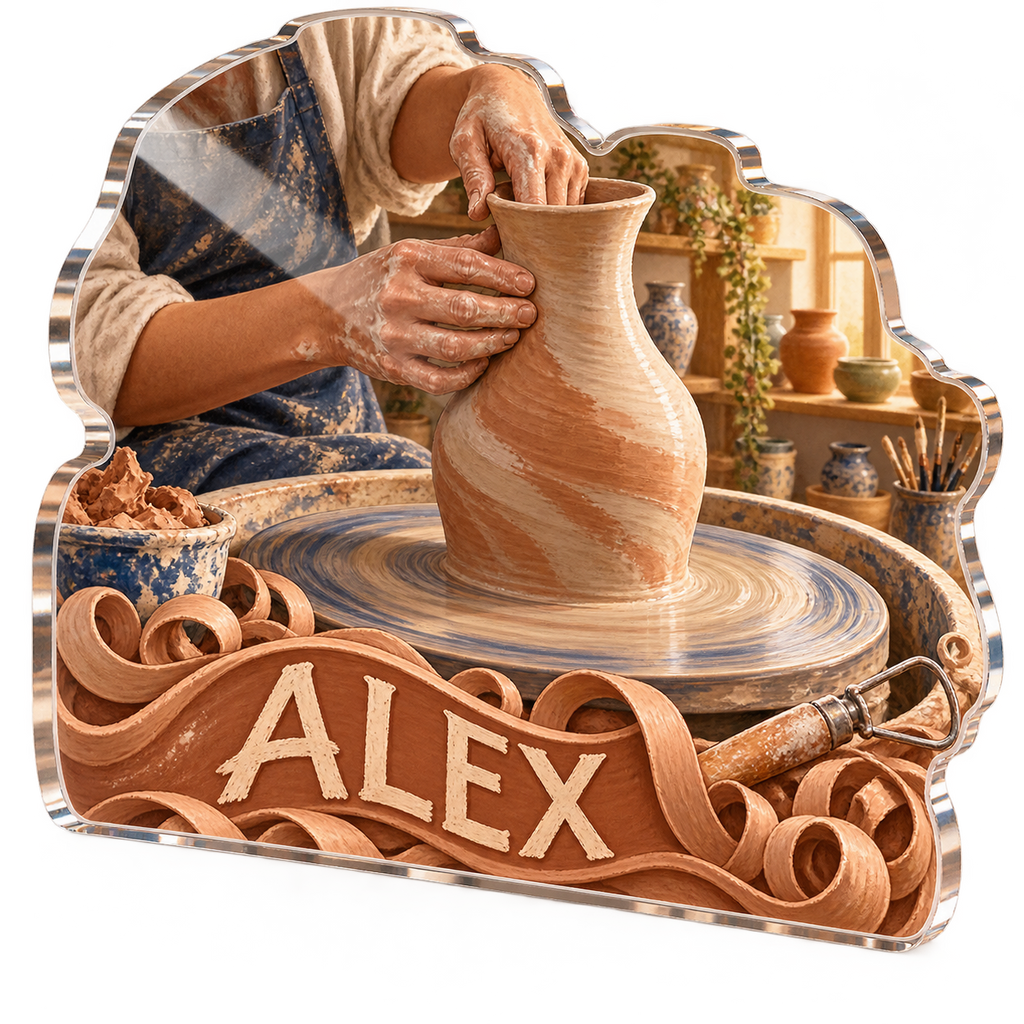 Artwork visualization: Pottery — creative desk setup, personalized ALEX, subject-shaped acrylic with printed optical 3D depth; not carved relief.