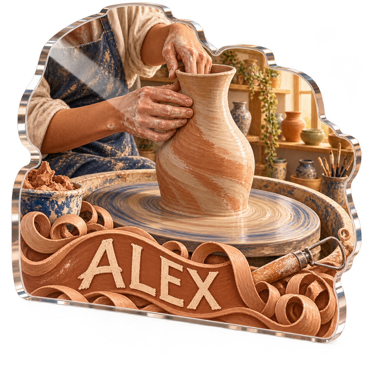 Artwork visualization: Pottery — creative desk setup, personalized ALEX, subject-shaped acrylic with printed optical 3D depth; not carved relief.