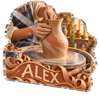 Artwork visualization: Pottery — creative desk setup, personalized ALEX, subject-shaped acrylic with printed optical 3D depth; not carved relief.