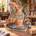 Artwork visualization: Pottery — beginner encouragement, personalized AURORA, subject-shaped acrylic with printed optical 3D depth; not carved relief.