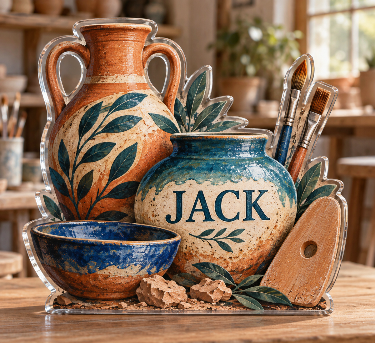 Artwork visualization: Pottery — hobby room centerpiece, personalized JACK, subject-shaped acrylic with printed optical 3D depth; not carved relief.