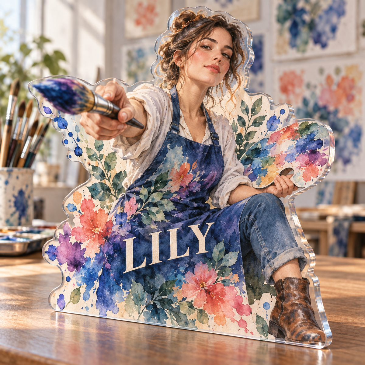 Artwork visualization: Watercolor painting — studio wall identity, personalized LILY, subject-shaped acrylic with printed optical 3D depth; not carved relief.