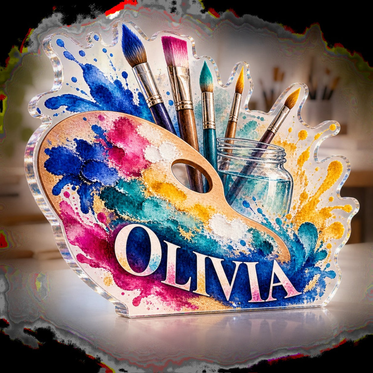 Personalized Watercolor Painting Creative Desk Setup custom shape acrylic plaque with an example name set into the artwork, digital preview