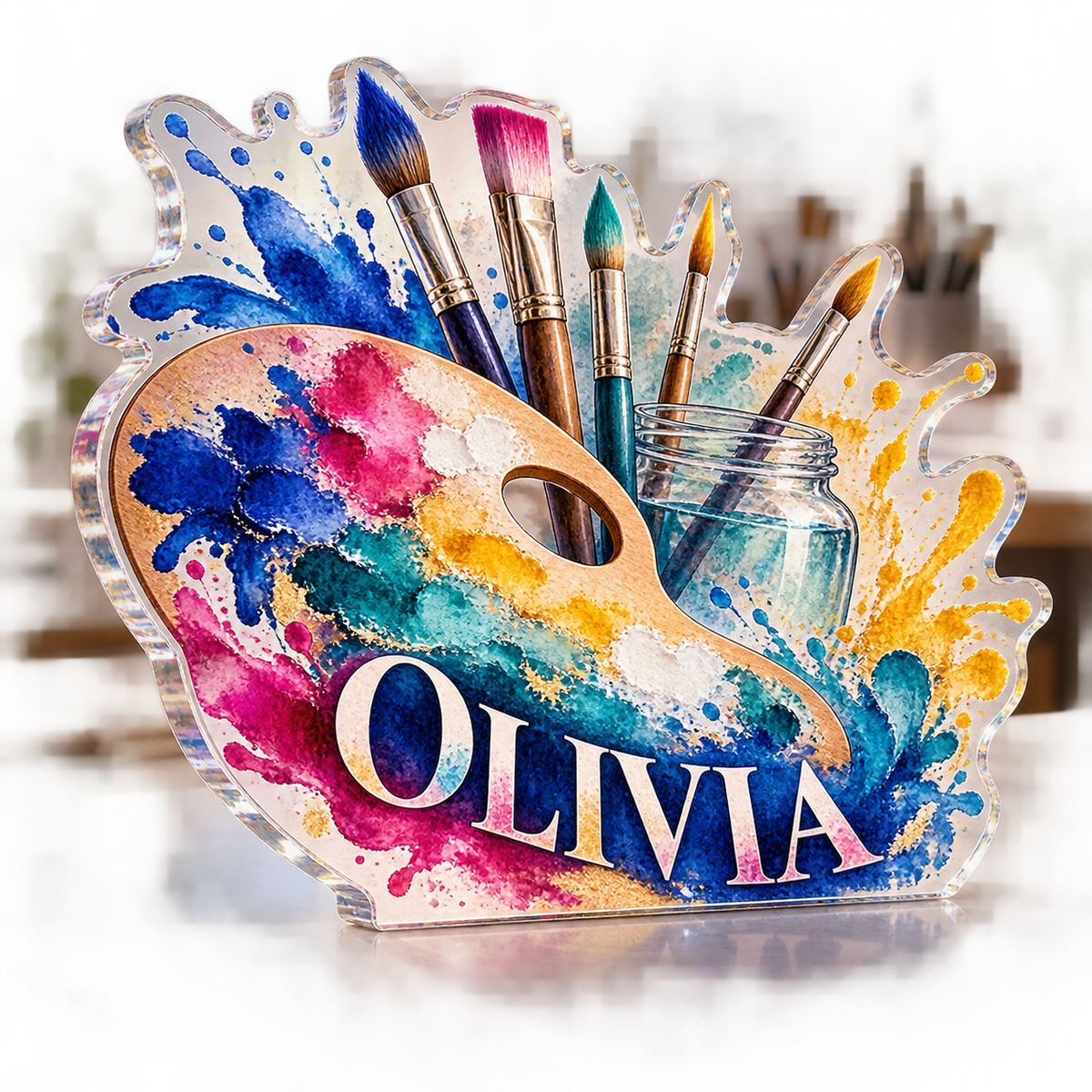 Artwork visualization: Watercolor painting — creative desk setup, personalized OLIVIA, subject-shaped acrylic with printed optical 3D depth; not carved relief.