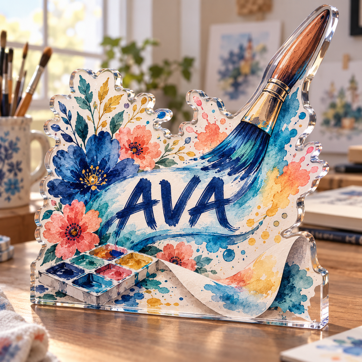 Artwork visualization: Watercolor painting — beginner encouragement, personalized AVA, subject-shaped acrylic with printed optical 3D depth; not carved relief.