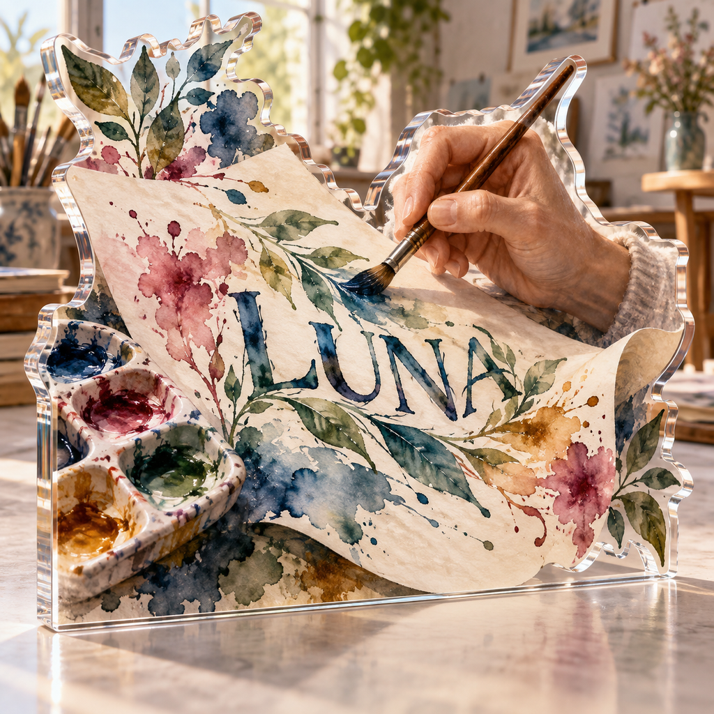 Artwork visualization: Watercolor painting — mentor appreciation, personalized LUNA, subject-shaped acrylic with printed optical 3D depth; not carved relief.