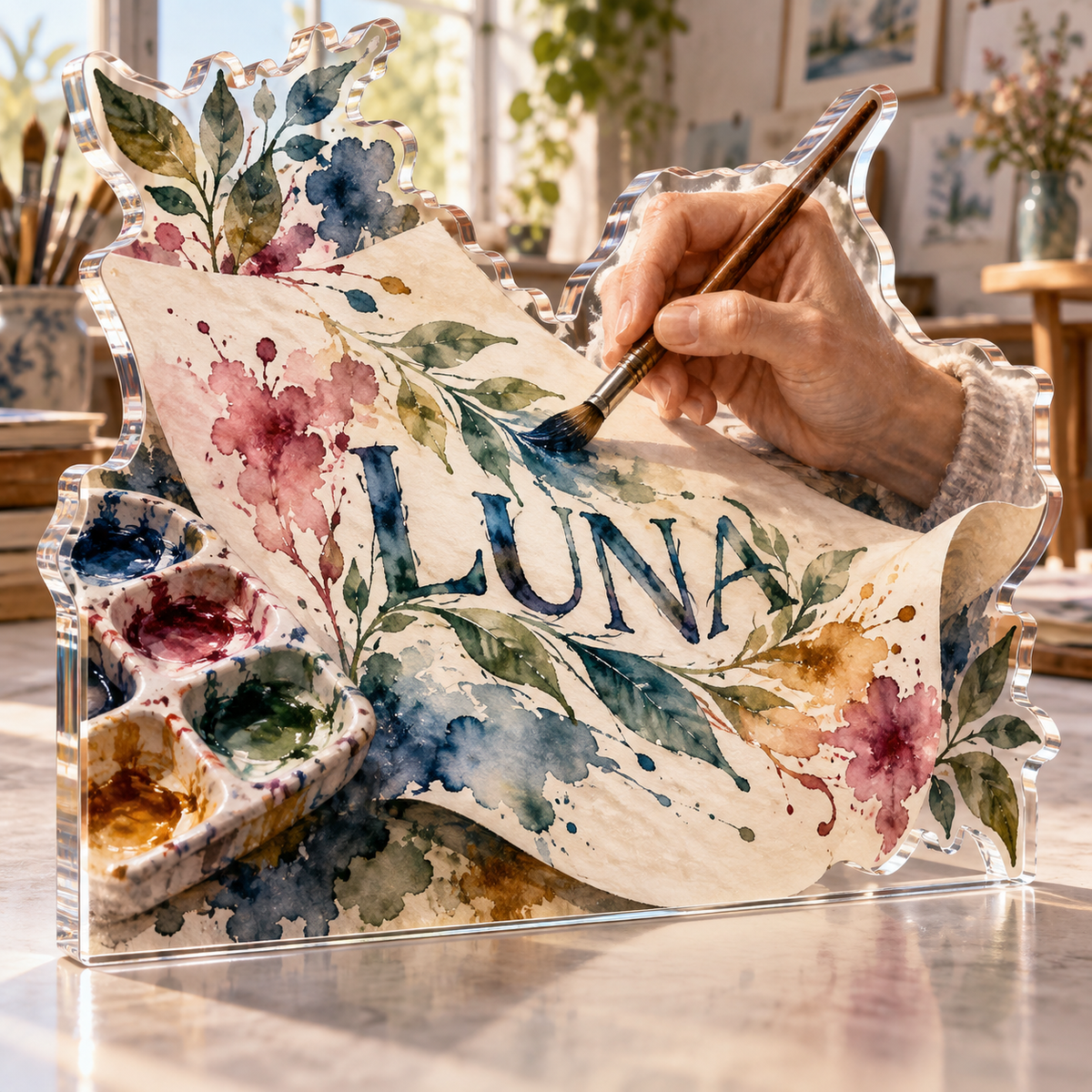 Artwork visualization: Watercolor painting — mentor appreciation, personalized LUNA, subject-shaped acrylic with printed optical 3D depth; not carved relief.
