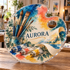 Artwork visualization: Watercolor painting — hobby room centerpiece, personalized AURORA, subject-shaped acrylic with printed optical 3D depth; not carved relief.
