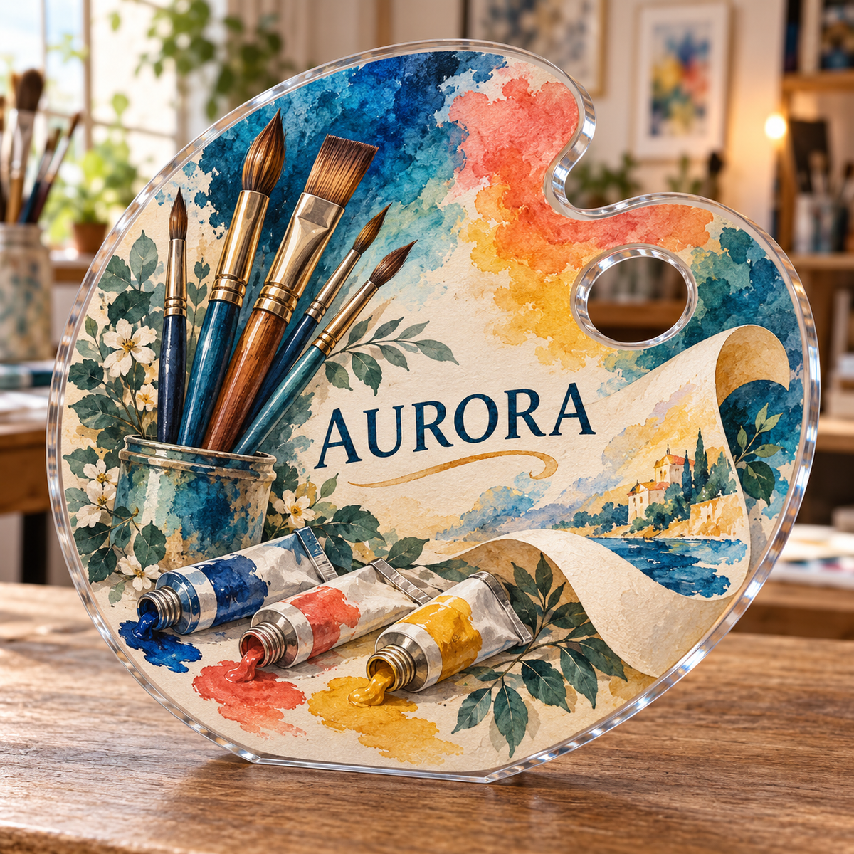 Artwork visualization: Watercolor painting — hobby room centerpiece, personalized AURORA, subject-shaped acrylic with printed optical 3D depth; not carved relief.