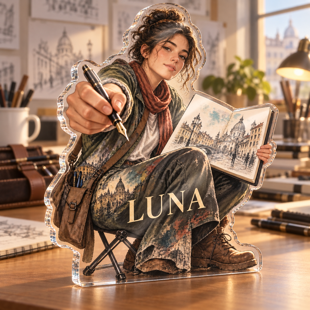 Artwork visualization: Urban sketching — studio wall identity, personalized LUNA, subject-shaped acrylic with printed optical 3D depth; not carved relief.