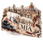 Artwork visualization: Urban sketching — creative desk setup, personalized MIA, subject-shaped acrylic with printed optical 3D depth; not carved relief.