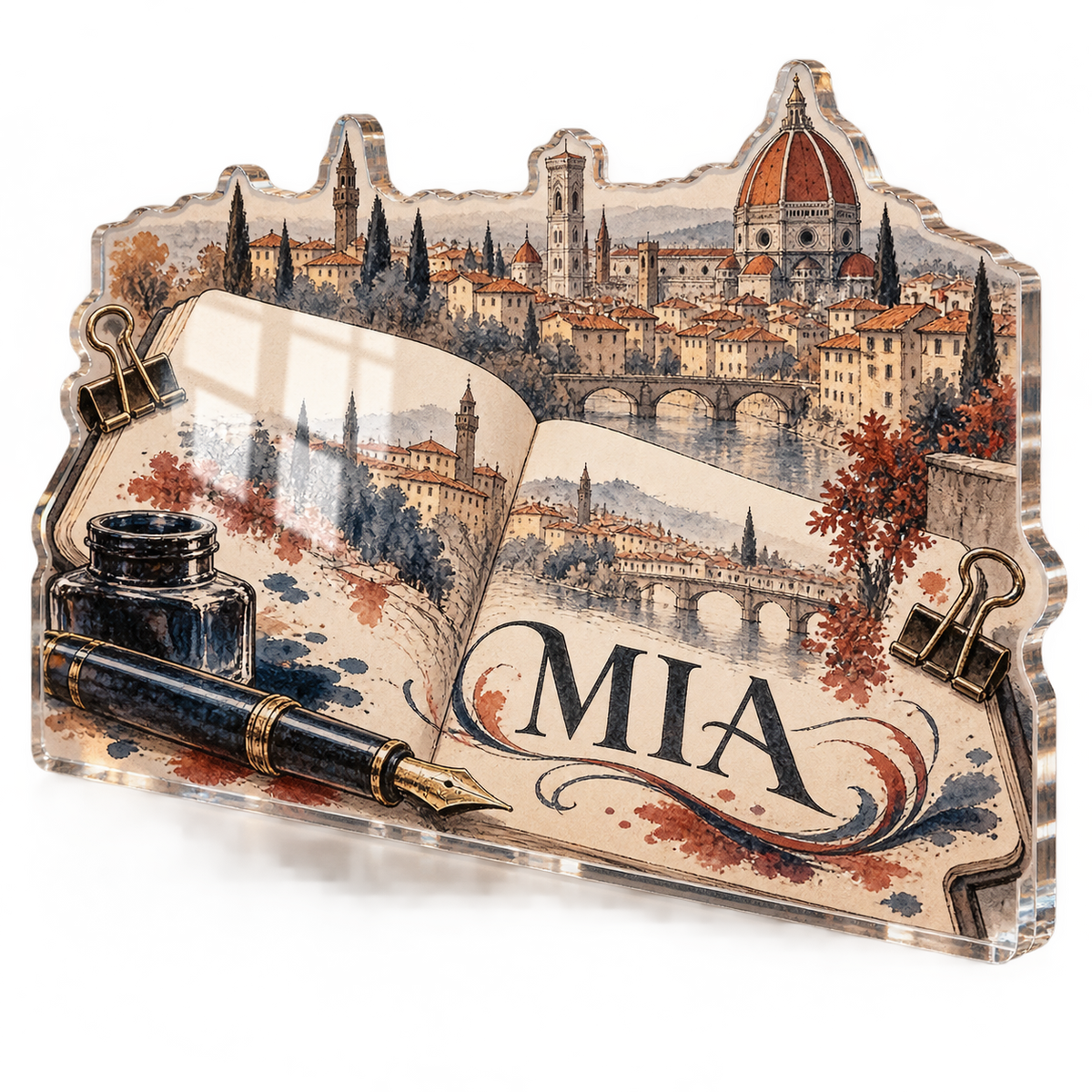 Artwork visualization: Urban sketching — creative desk setup, personalized MIA, subject-shaped acrylic with printed optical 3D depth; not carved relief.